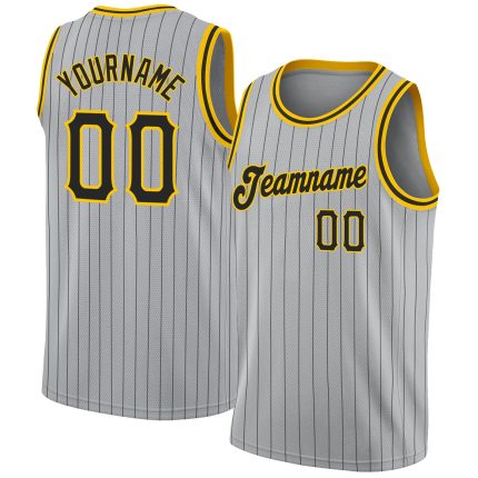 Custom Basketball Jersey with Personalized Name and Number - Authentic Gray Black Pinstripe Black-Gold Design Personalized