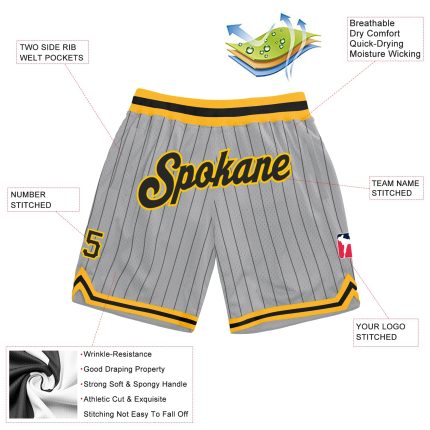 Custom Team Basketball Shorts Personalized Gray Black Pinstripe with Name and Number - Authentic Sportswear Personalized