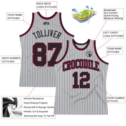Customizable Gray Black Pinstripe Basketball Jersey - Authentic Black Maroon Design Personalized Gray Black Pinstripe Black-Maroon