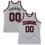 Customizable Gray Black Pinstripe Basketball Jersey - Authentic Black Maroon Design Personalized Gray Black Pinstripe Black-Maroon