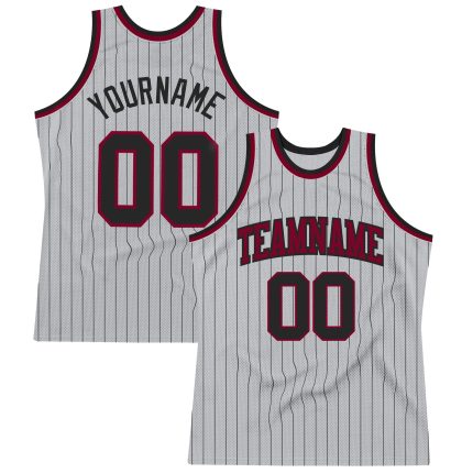 Customizable Gray Black Pinstripe Basketball Jersey - Authentic Black Maroon Design Personalized Gray Black Pinstripe Black-Maroon