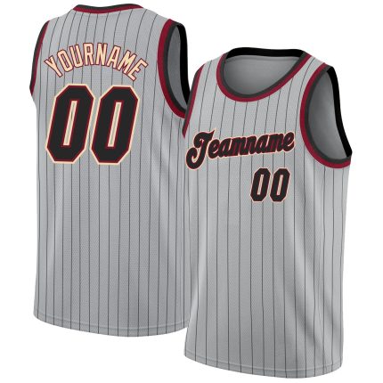 Custom Black Maroon Basketball Jersey with Personalized Name and Number - Gray Black Pinstripe Design Personalized Gray Black