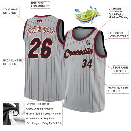 Custom Black Maroon Basketball Jersey with Personalized Name and Number - Gray Black Pinstripe Design Personalized Gray Black