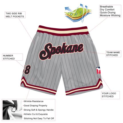 Custom Basketball Shorts with Personalized Name and Number, Gray Black Pinstripe Black-Maroon Personalized Gray Black Pinstripe