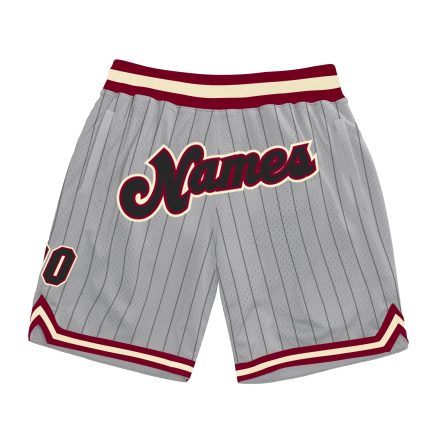 Custom Basketball Shorts with Personalized Name and Number, Gray Black Pinstripe Black-Maroon Personalized Gray Black Pinstripe