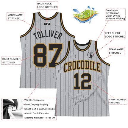 Custom Name and Number Personalized Authentic Black-Old Gold Basketball Jersey with Gray Black Pinstripe Design Personalized