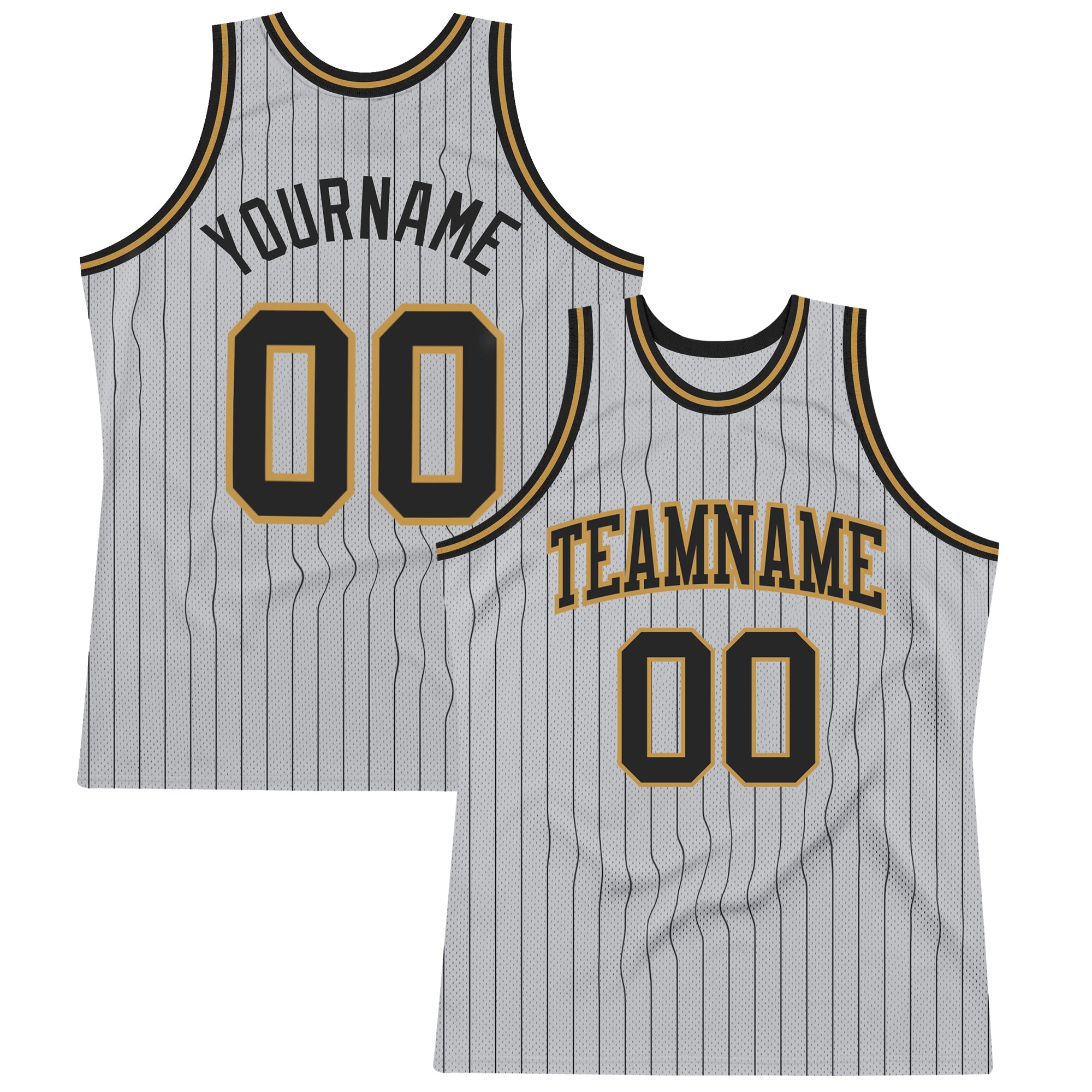 Custom Name and Number Personalized Authentic Black-Old Gold Basketball Jersey with Gray Black Pinstripe Design Personalized
