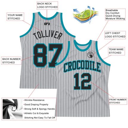 Custom Team Basketball Jersey with Name and Number, Gray Black Pinstripe, Black-Teal Authentic Design Personalized Gray Black