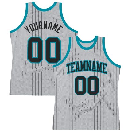 Custom Team Basketball Jersey with Name and Number, Gray Black Pinstripe, Black-Teal Authentic Design Personalized Gray Black