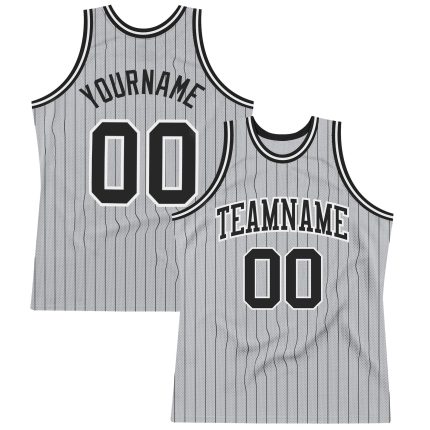 Personalized Authentic Basketball Jersey - Gray Black Pinstripe Black-White Design Personalized Gray Black Pinstripe Black-White