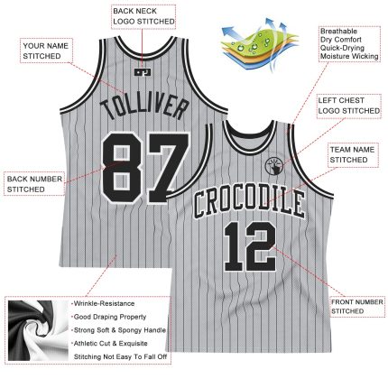 Personalized Authentic Basketball Jersey - Gray Black Pinstripe Black-White Design Personalized Gray Black Pinstripe Black-White