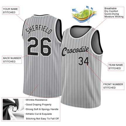 Custom Name Number Authentic Basketball Jersey Gray Black Pinstripe Black White Personalized Gray Black Pinstripe Black-White