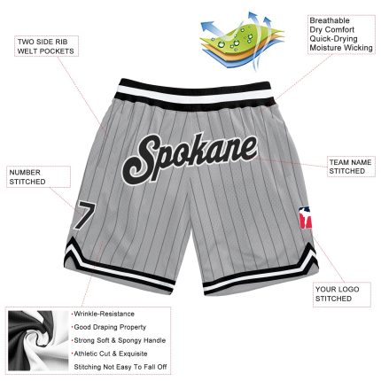 Custom Team Basketball Shorts with Personalized Name & Number - Gray Black Pinstripe Authentic Design Personalized Gray Black