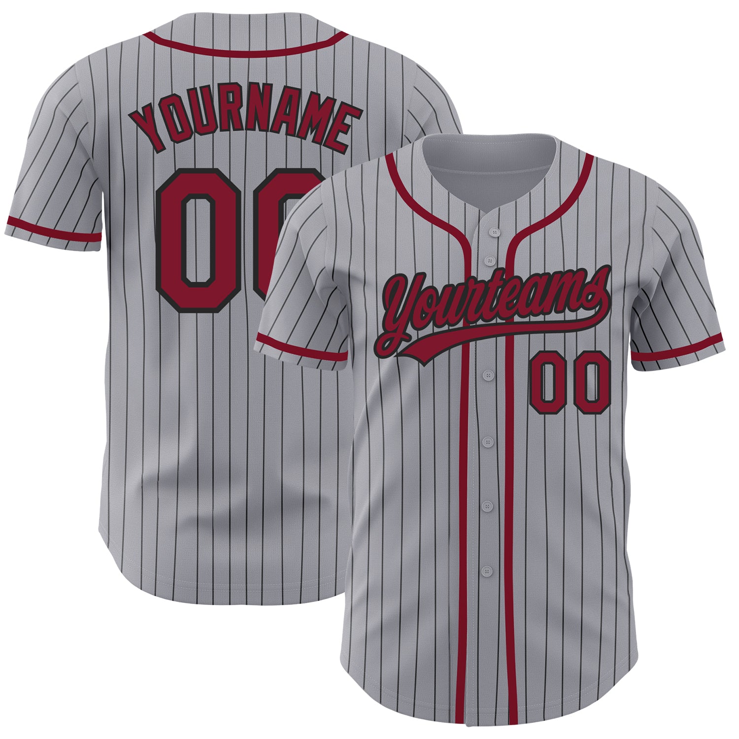 Custom Name and Number Baseball Jersey - Personalized Gray Black Pinstripe Crimson Authentic Design Personalized Gray Black