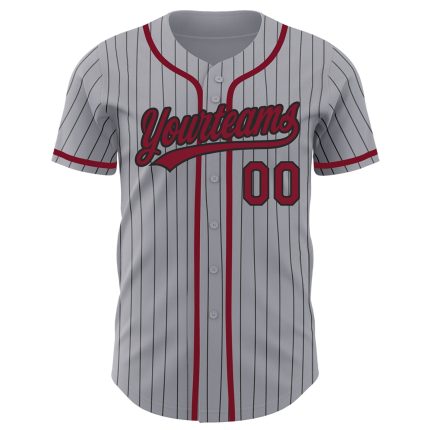 Custom Name and Number Baseball Jersey - Personalized Gray Black Pinstripe Crimson Authentic Design Personalized Gray Black