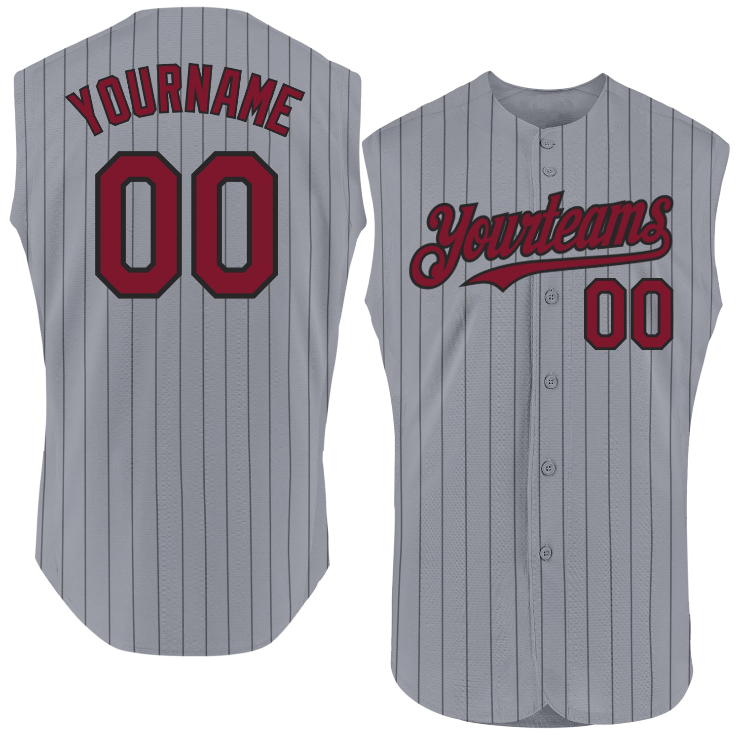 Custom Sleeveless Baseball Jersey Gray Black Pinstripe with Crimson - Personalized Name and Number Personalized Gray Black