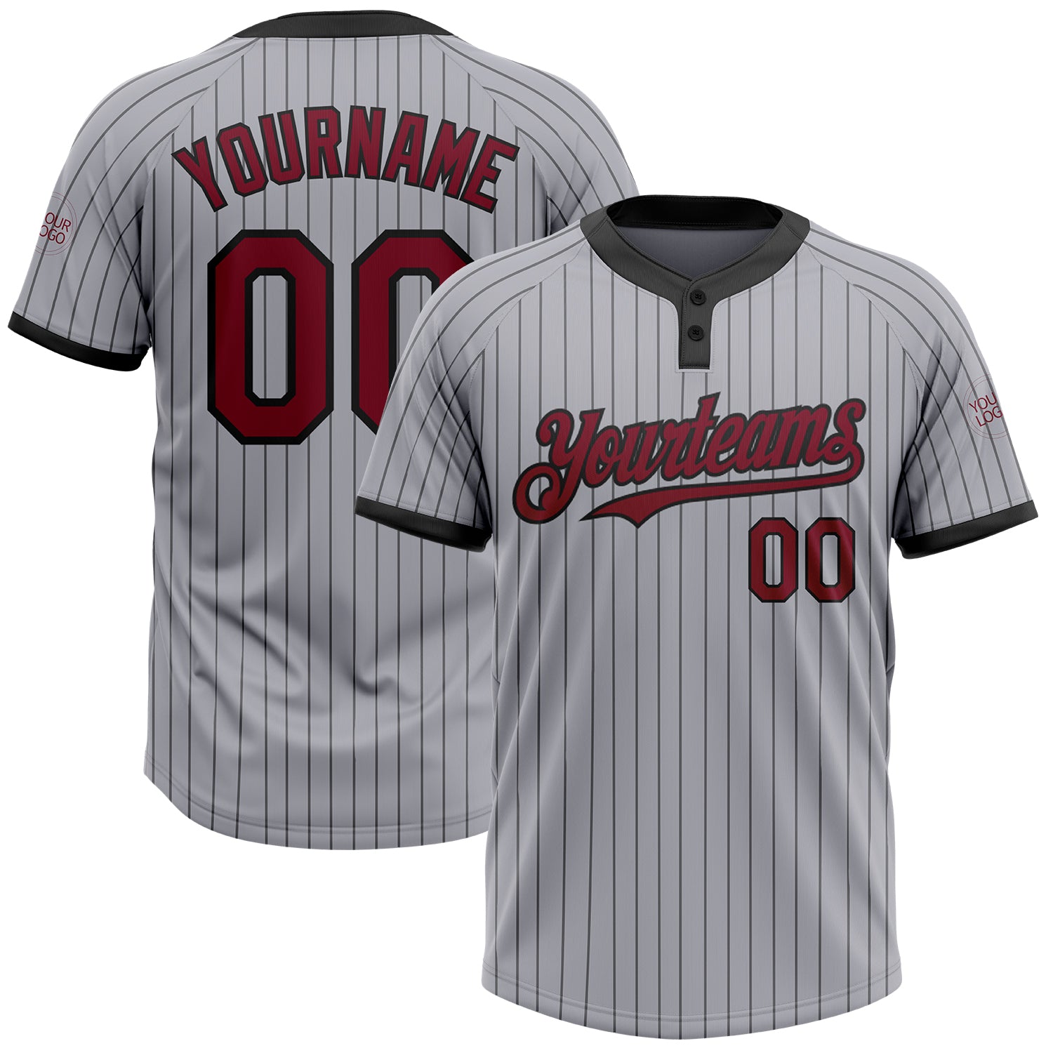 Custom Name and Number Unisex Softball Jersey - Personalized Gray Black Pinstripe Two-Button Design Personalized Gray Black