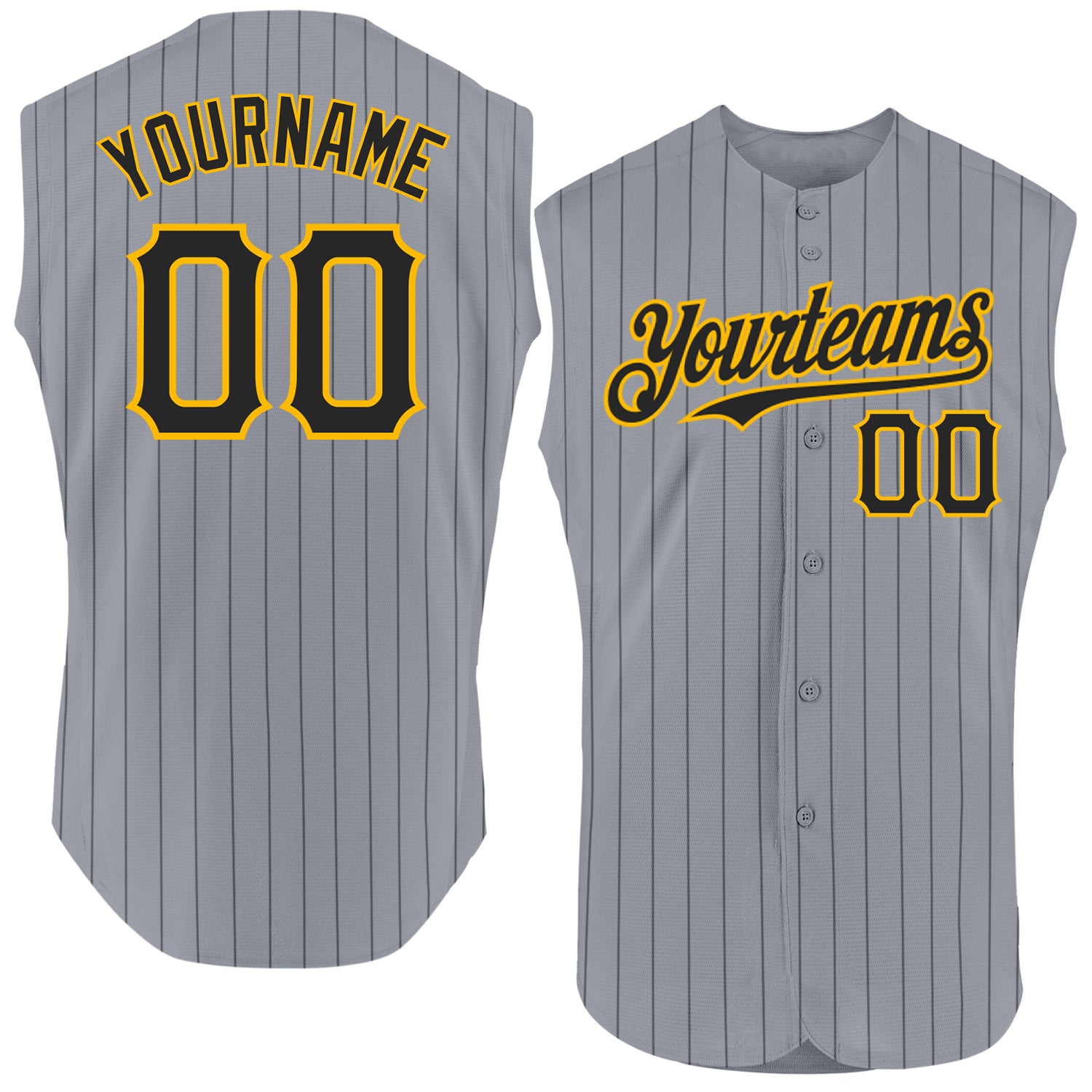 Custom Personalized Baseball Jersey - Gray Black Pinstripe Gold - Sleeveless with Name & Number Personalized Gray Black Pinstripe