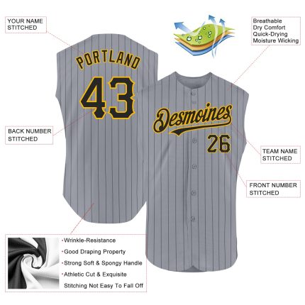 Custom Personalized Baseball Jersey - Gray Black Pinstripe Gold - Sleeveless with Name & Number Personalized Gray Black Pinstripe