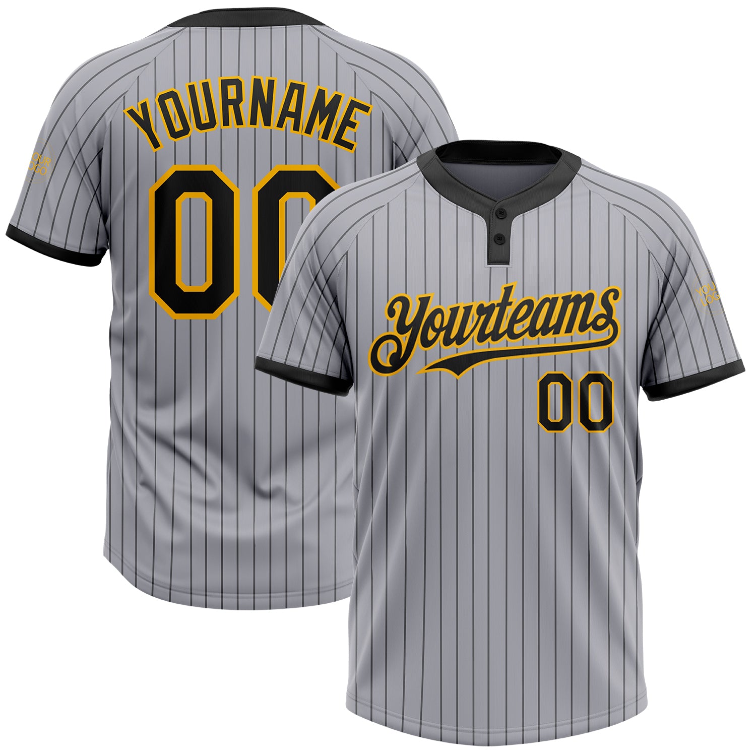 Custom Name and Number Unisex Softball Jersey - Gray Black Pinstripe Gold Two-Button Design Personalized Gray Black Pinstripe