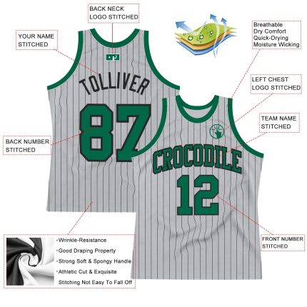 Custom Basketball Jersey - Personalized Gray Black Pinstripe, Kelly Green - Team Name & Number, Authentic Design Personalized