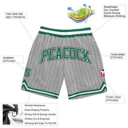 Custom Personalized Basketball Shorts with Team Name and Number - Gray Black Pinstripe Kelly Green-White Authentic Personalized