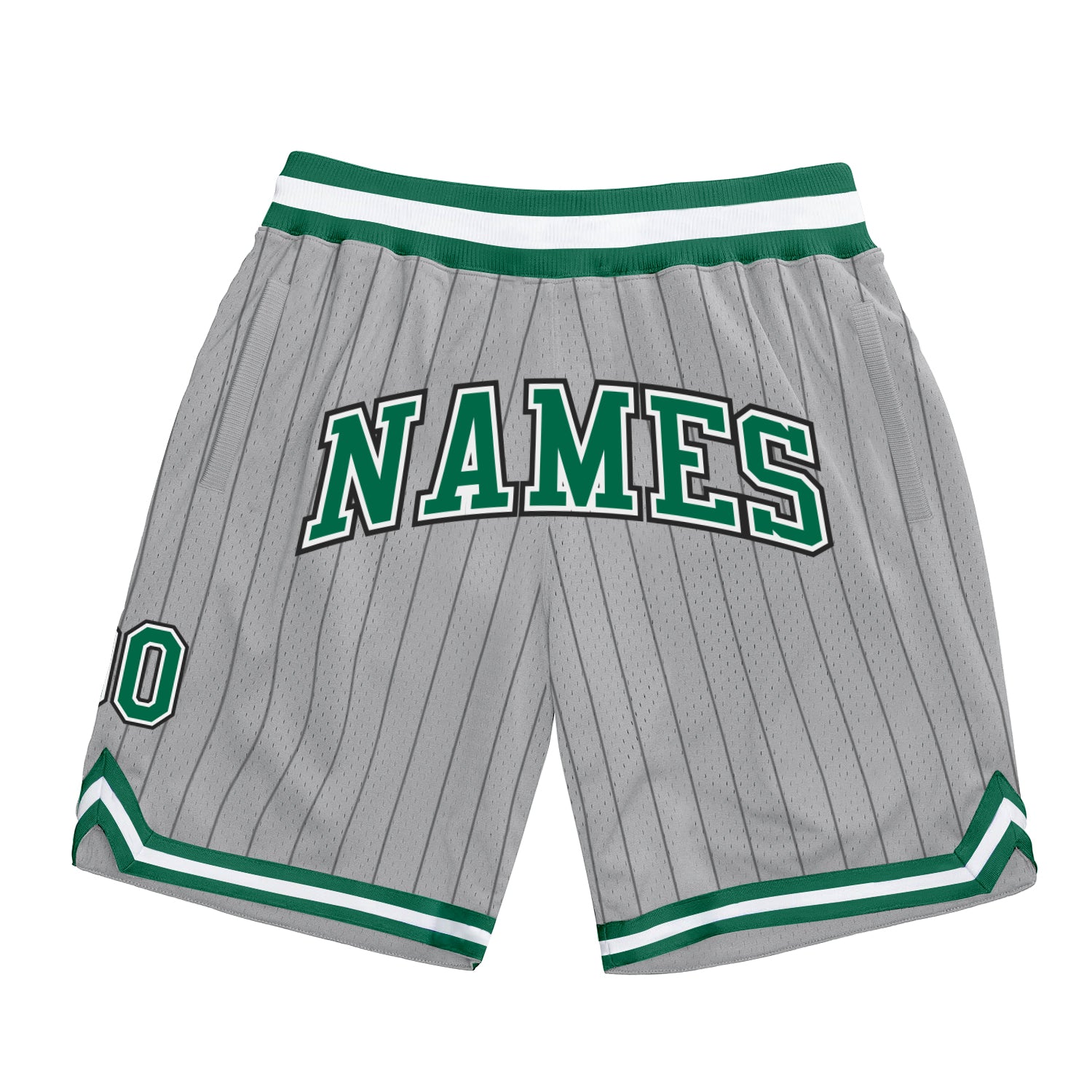 Custom Personalized Basketball Shorts with Team Name and Number - Gray Black Pinstripe Kelly Green-White Authentic Personalized