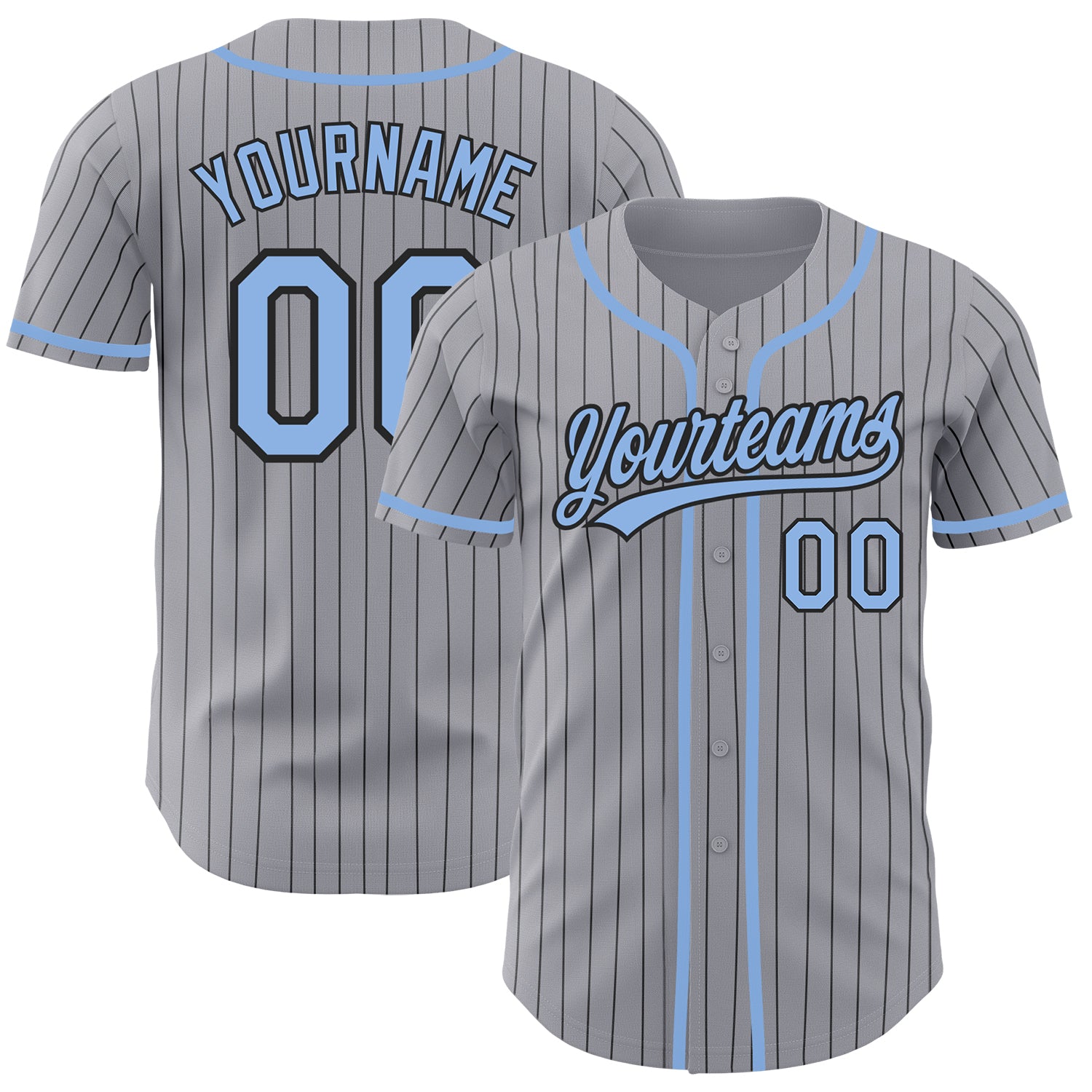 Custom Baseball Jersey with Personalized Name and Number - Gray Black Pinstripe Light Blue Authentic Design Personalized