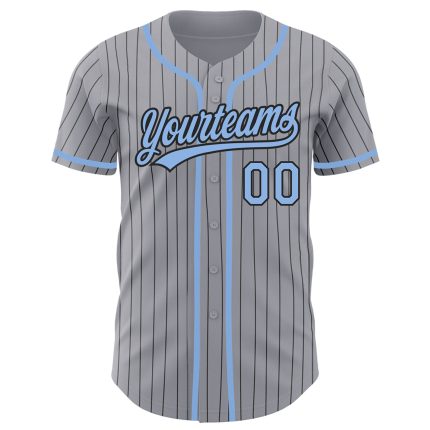 Custom Baseball Jersey with Personalized Name and Number - Gray Black Pinstripe Light Blue Authentic Design Personalized