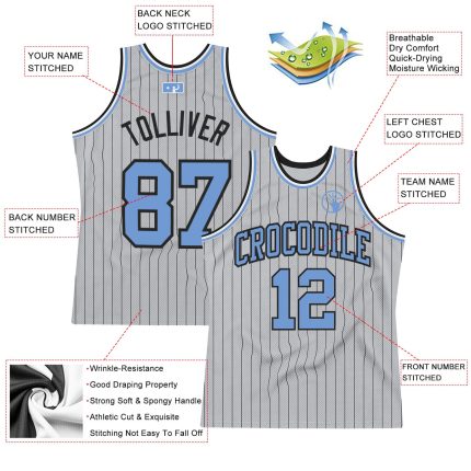 Customizable Basketball Jersey with Personalized Name & Number - Gray Black Pinstripe Light Blue Authentic Design Personalized