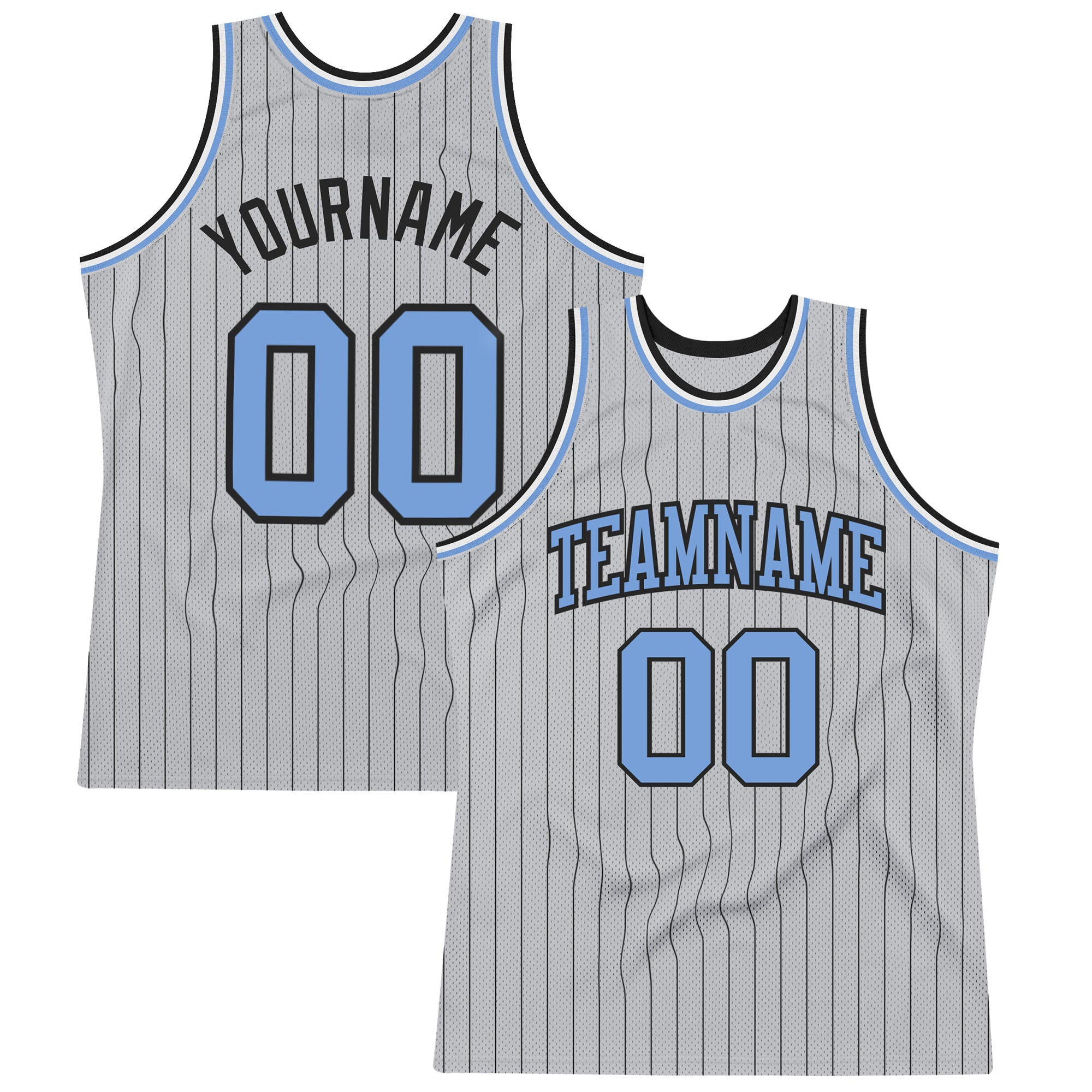 Customizable Basketball Jersey with Personalized Name & Number - Gray Black Pinstripe Light Blue Authentic Design Personalized