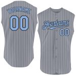 Custom Name and Number Personalized Baseball Jersey - Gray Black Pinstripe Light Blue Sleeveless Personalized Gray Black