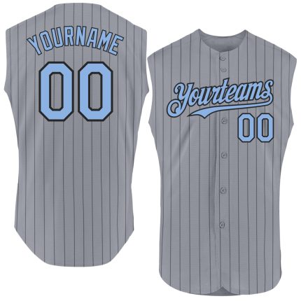 Custom Name and Number Personalized Baseball Jersey - Gray Black Pinstripe Light Blue Sleeveless Personalized Gray Black