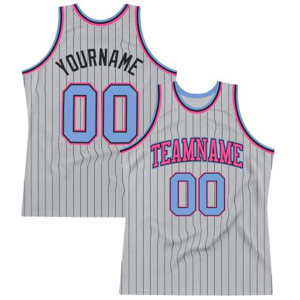 Personalized Authentic Basketball Jersey - Gray Black Pinstripe Light Blue Pink Personalized Gray Black Pinstripe Light Blue-Pink