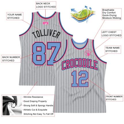 Personalized Authentic Basketball Jersey - Gray Black Pinstripe Light Blue Pink Personalized Gray Black Pinstripe Light Blue-Pink