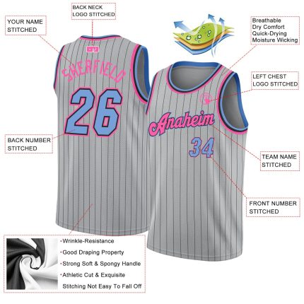 Custom Name and Number Personalized Basketball Jersey - Gray Black Pinstripe Light Blue Pink Authentic Team Jersey Personalized