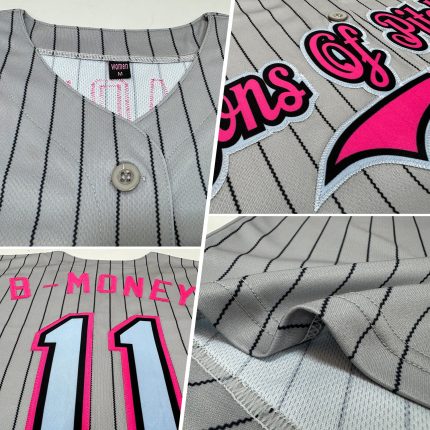 Custom Personalized Baseball Jersey with Gray Black Pinstripe and Light Blue-Pink Sleeveless Design - Team Name & Number
