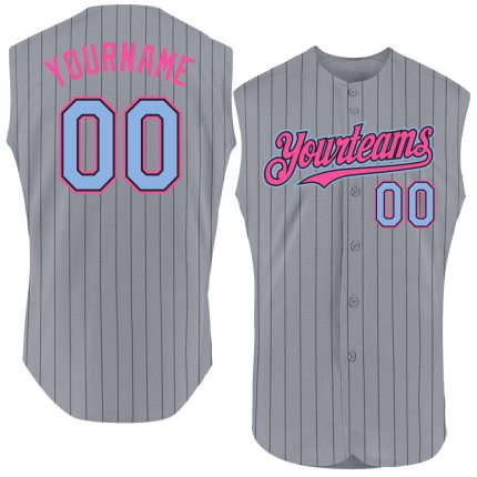 Custom Personalized Baseball Jersey with Gray Black Pinstripe and Light Blue-Pink Sleeveless Design - Team Name & Number