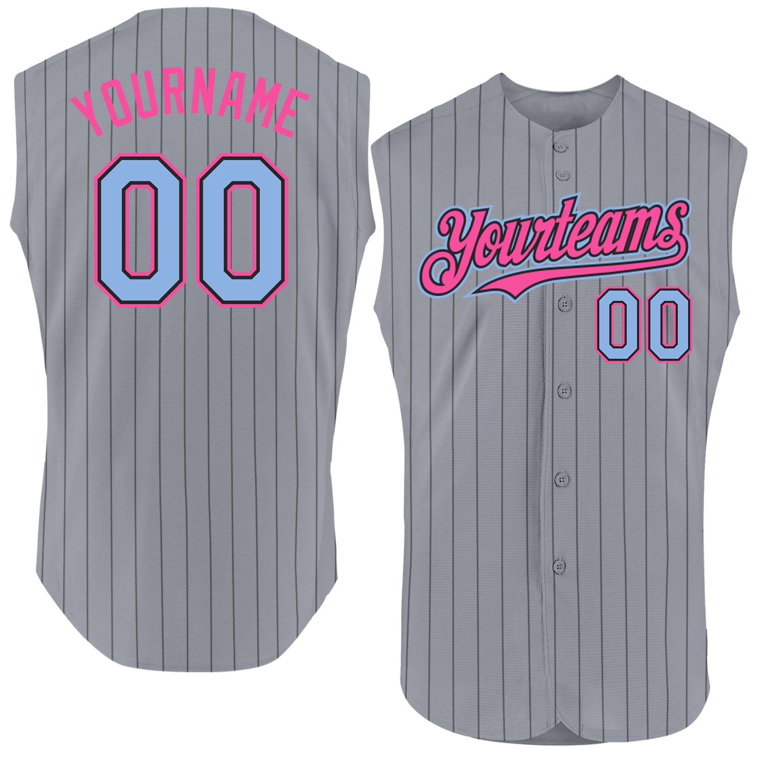 Custom Personalized Baseball Jersey with Gray Black Pinstripe and Light Blue-Pink Sleeveless Design - Team Name & Number