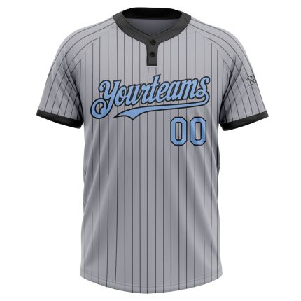 Custom Name and Number Softball Jersey - Personalized Unisex Gray Black Pinstripe Light Blue Two-Button Design Personalized