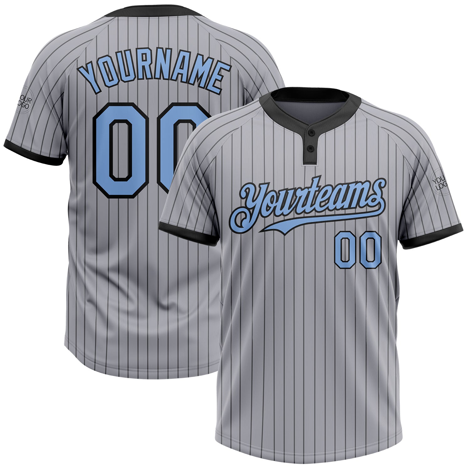 Custom Name and Number Softball Jersey - Personalized Unisex Gray Black Pinstripe Light Blue Two-Button Design Personalized