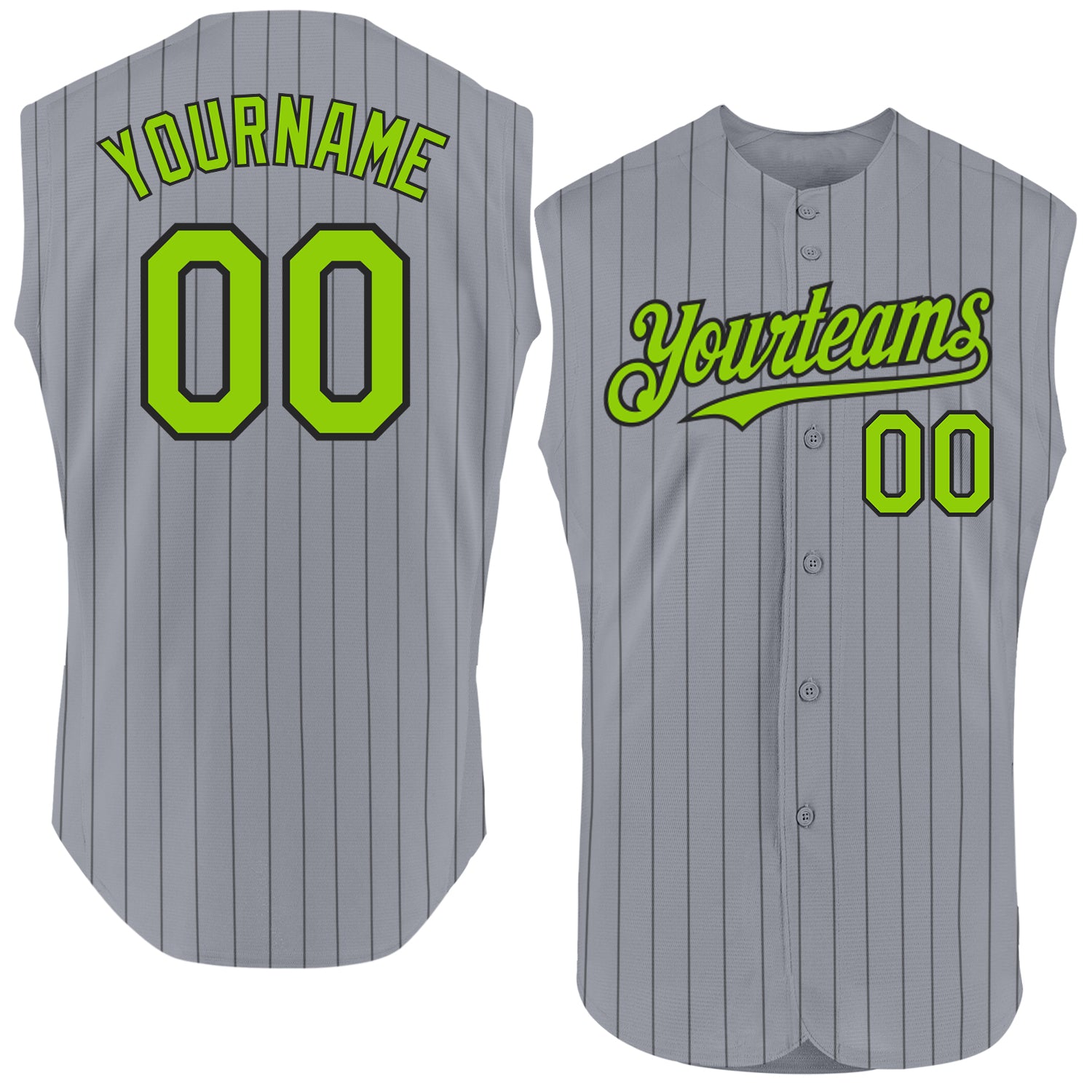 Custom Sleeveless Baseball Jersey with Personalized Name and Number - Gray Black Pinstripe Neon Green Design Personalized