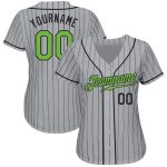 Custom Personalized Neon Green Black Baseball Jersey with Gray Black Pinstripe - Includes Team Name and Number Personalized