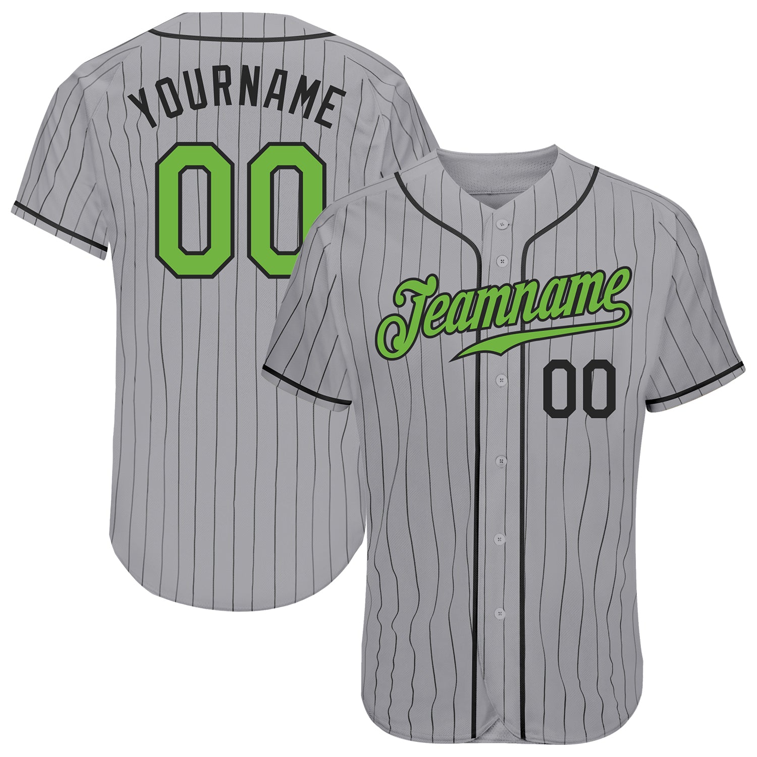 Custom Personalized Neon Green Black Baseball Jersey with Gray Black Pinstripe - Includes Team Name and Number Personalized