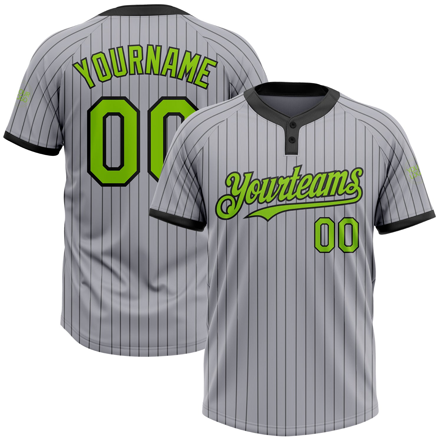 Custom Name Number Two-Button Softball Jersey Unisex Gray Black Pinstripe Neon Green Personalized Gray Black Pinstripe Neon