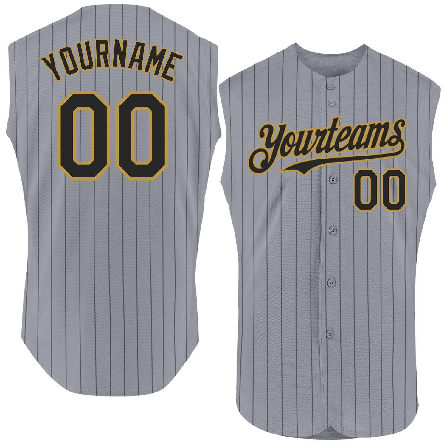 Custom Sleeveless Baseball Jersey with Personalized Name and Number - Gray Black Pinstripe Old Gold Design Personalized Gray