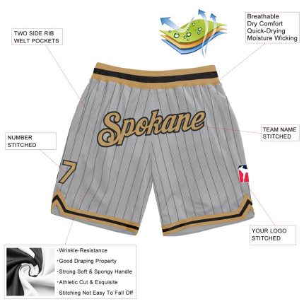 Custom Team Basketball Shorts - Personalized Gray Black Pinstripe with Old Gold-Black - Add Name and Number Personalized
