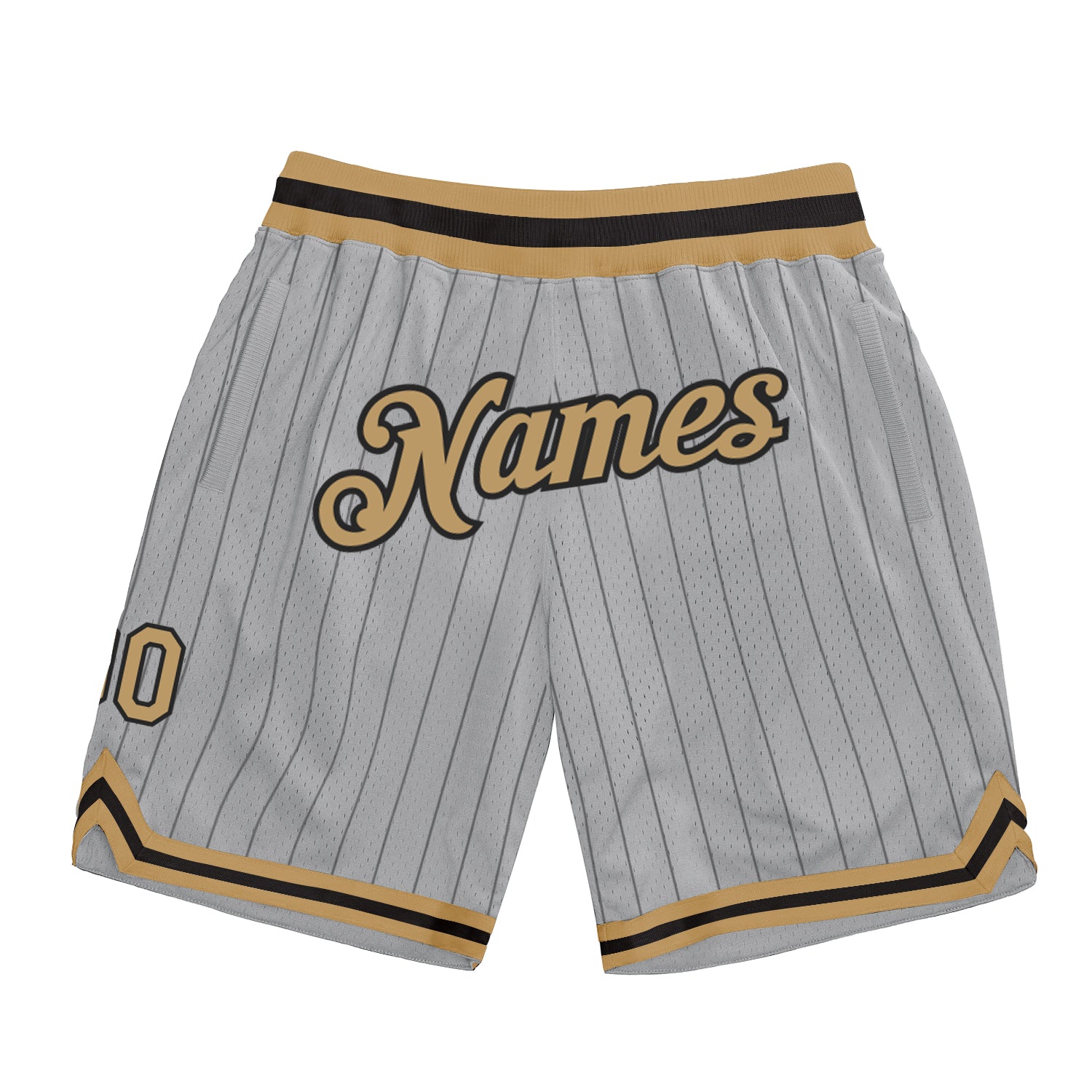 Custom Team Basketball Shorts - Personalized Gray Black Pinstripe with Old Gold-Black - Add Name and Number Personalized