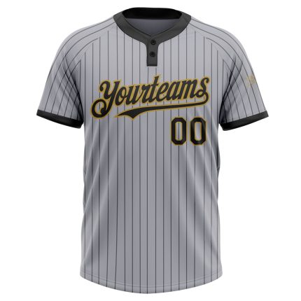Custom Name and Number Unisex Softball Jersey - Gray Black Pinstripe Two-Button Old Gold Personalized Gray Black Pinstripe