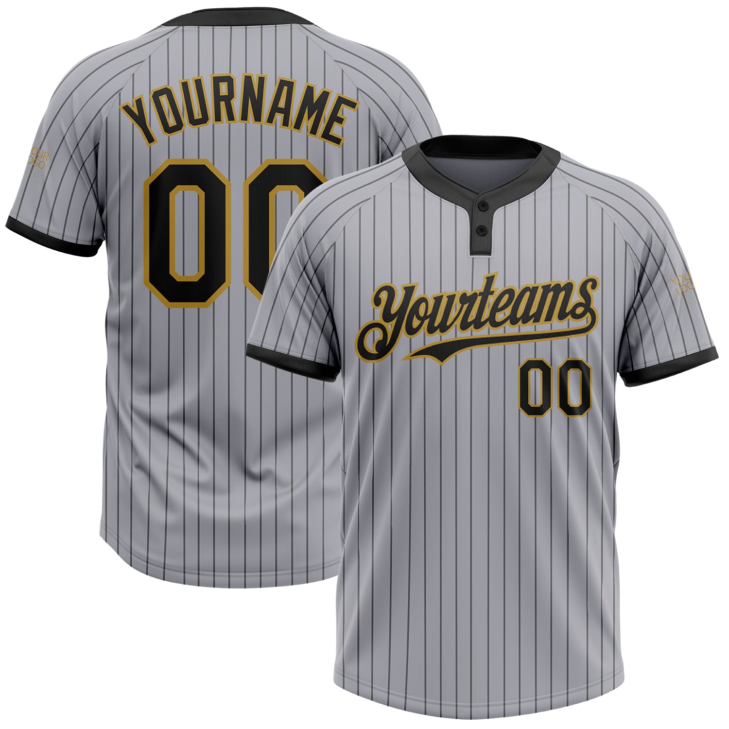 Custom Name and Number Unisex Softball Jersey - Gray Black Pinstripe Two-Button Old Gold Personalized Gray Black Pinstripe